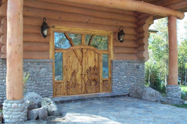Carved Entry Door, Ontario Waterfront Home : Log home, log home design, post and beam, Ontario